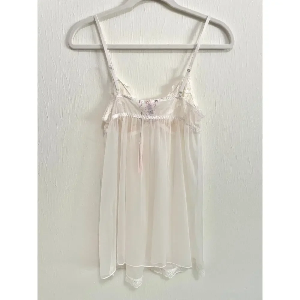 Victorias Secret Womens Babydoll Lingerie Top M White Lace Sheer Coquette NWT
